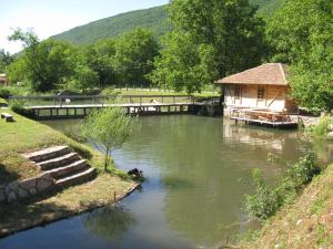 a river with a wooden house and a bridge at Vodenica Lug in Strmosten