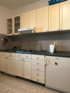a kitchen with white cabinets and a white refrigerator at Apartman Gracin in Primošten
