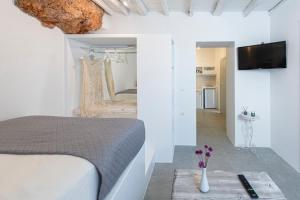 een slaapkamer met een bed en een tv aan de muur bij Milinon Suites in Firopótamos