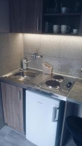 a kitchen counter with a sink and a stove at Apampa Apartman in Hajdúszoboszló