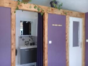 - un miroir dans une chambre avec une porte violette dans l'établissement Chambre double "le pêcher" saillans, à Saillans