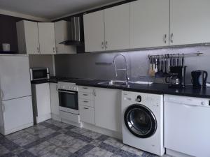 a kitchen with a sink and a washing machine at Dada Apartment in Hjelmeland