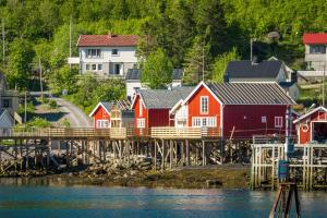 a group of houses on a dock next to the water at Reine seaview cabin in Reine