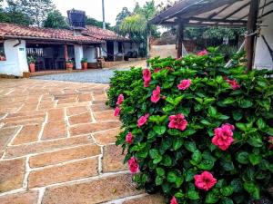 um arbusto com flores cor-de-rosa num caminho de tijolos em La Loma Hotel Barichara em Barichara