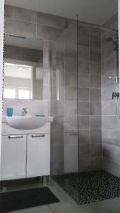 a bathroom with a sink and a shower at ZMIANA KLIMATU in Karwia