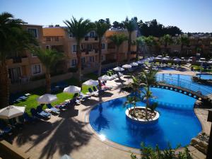 an overhead view of a resort pool with chairs and umbrellas at Pagona Holiday Apartments in Paphos City