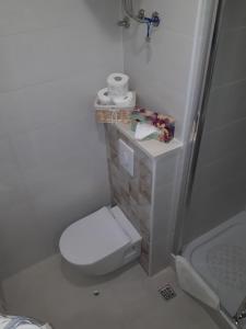 a white bathroom with a toilet and a shower at Studio Udica in Podgora