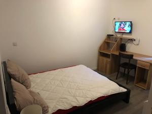 a bedroom with a bed and a desk and a television at Chambre privative in Saint-Rémy-sur-Durolle