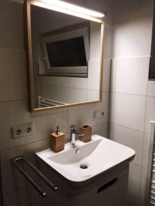 a bathroom with a white sink and a mirror at Ferienwohnung (70 qm) mit fantastischem Ausblick in Detmold