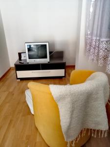 uma sala de estar com uma televisão e um sofá amarelo em Apatman Sergej em Sokobanja