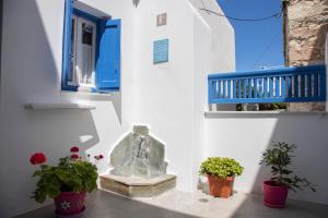 a white building with a blue window and potted plants at Pension Barbara in Katapola
