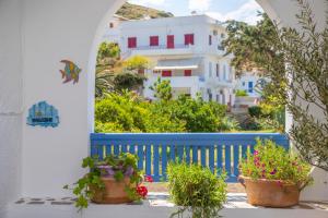 a balcony with potted plants and a blue fence at Pension Barbara in Katapola