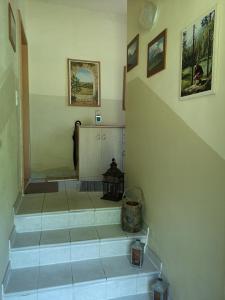 a hallway with stairs in a home with paintings at Ferienwohnung am Wald in Tharandt