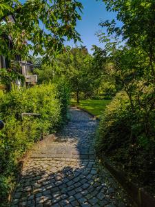 a cobblestone path in a park with trees at Ferienwohnung Naturnah in Goslar