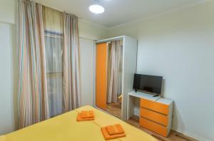 a bedroom with a bed and a television on a dresser at Apartments Harmonia Colours in Budva