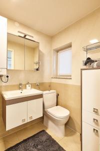 a bathroom with a toilet and a sink and a mirror at Casa Pinos City in Friedrichshafen +27 photos