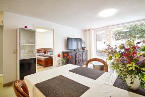een eetkamer met een tafel en een televisie bij Casa Pinos City in Friedrichshafen +27 foto's