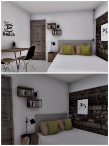 皮蘭的住宿－Morski Val，卧室配有一张床和一张桌子