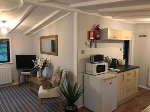 a kitchen with a counter top with a microwave at 49 Irfon Lodge no commerical vehicles or tradesmen allowed in Builth Wells