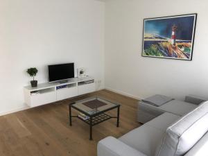 a living room with a couch and a tv at Apartment unter den Weinbergen in Königswinter