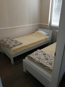 two twin beds in a room with a window at Marko's Place Apartment in Skopje