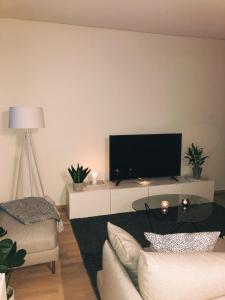 a living room with a flat screen tv on a wall at Beautiful apartment at Toppilansalmi in Oulu
