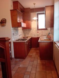 a small kitchen with wooden cabinets and a sink at Residence Villa Maria in Monrupino