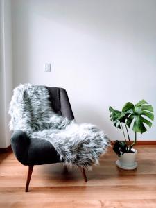 una silla negra con una manta de piel falsa en Serrano Apartment Buenos Aires en Buenos Aires