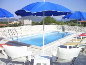 a pool with chairs and umbrellas next to a swimming pool at Vila Rogač in Tivat