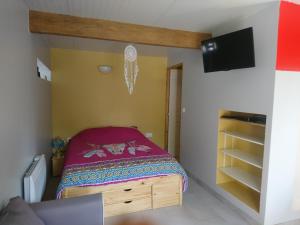 Le petit pays في Montgivray: غرفة نوم صغيرة بها سرير وتلفزيون