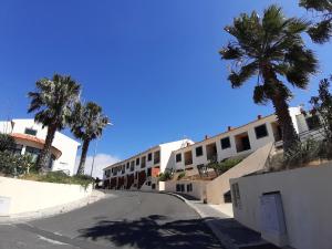 an empty street with palm trees and a building at Refugio das Matas in Porto Santo