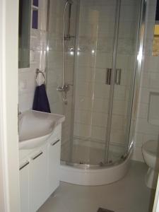 a bathroom with a shower and a sink at Water view brand new Apartment, short stroll to beach, peaceful! in Košljun