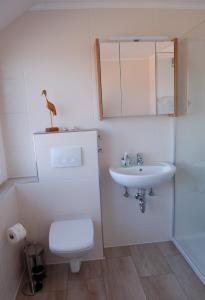 a bathroom with a sink and a toilet and a mirror at Ferienwohnung Wiekenblick in Wiesmoor