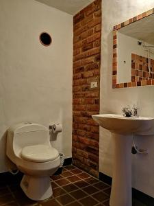 a bathroom with a white toilet and a sink at Posada San Esteban in Sutamarchán