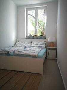 a bed in a bedroom with a window at Fűszerkert vendégház in Zamárdi