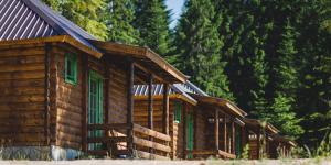 ein Blockhaus mit grünen Fenstern im Wald in der Unterkunft JELA NATURAL RESORT in Rožaje