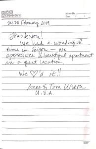 a thank you note writing to a customer at Brand New Cozy Home in D1 wBalcony in Ho Chi Minh City