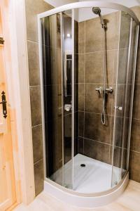 考斯賽力克的住宿－Czarna Owca，浴室里设有玻璃门淋浴