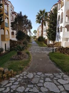a stone path between two buildings with palm trees at Apartamentos Atlanterra COSTA Y SOL in Zahara de los Atunes