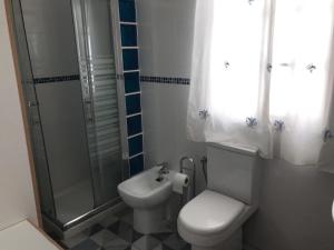 La salle de bains est pourvue de toilettes, d'une douche et d'un lavabo. dans l'établissement Casa Massimo, à Playa de San Juan