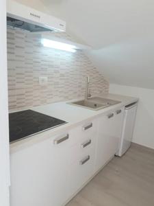 - une cuisine blanche avec évier et comptoir dans l'établissement Apartments Marino, à Senj