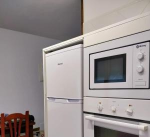 a microwave oven sitting on top of a refrigerator at El Cerrón in Llanes