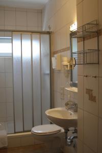 a bathroom with a toilet and a sink and a shower at Hotel Bürger in Siegen