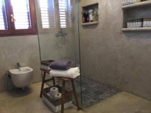 y baño con ducha, aseo y lavamanos. en Ca n'Antonia Formentera, en Sant Francesc Xavier