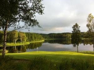 a view of a golf course with a lake at First Hotel Statt Örnsköldsvik in Örnsköldsvik