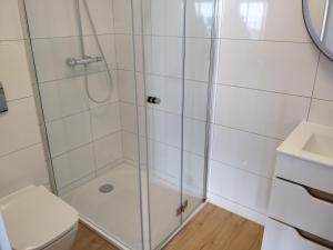 a bathroom with a shower with a toilet and a sink at ORKAN 2 in Kuźnica +7 photos