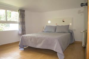 a bedroom with a bed with blue pillows and a window at Hostal Caseria San José de Hutar in Hútar