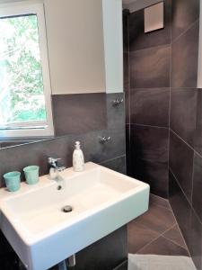 ein Badezimmer mit einem weißen Waschbecken und einer Dusche in der Unterkunft Ferienhaus Brückenblick 12 a in Fehmarnsund