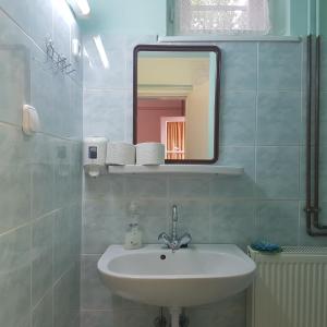 ハイドゥソボスローにあるMuskátli Apartman 2.のバスルーム(洗面台、鏡付)