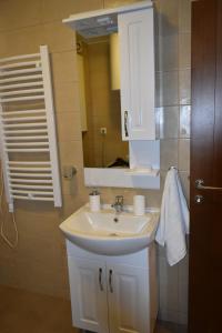 bagno con lavandino bianco e specchio di Apartments Sea View a Kotor (Cattaro)